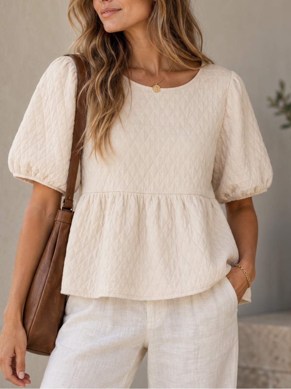 ICHI Women's Quilted Puff Sleeve Peplum Top in Cream